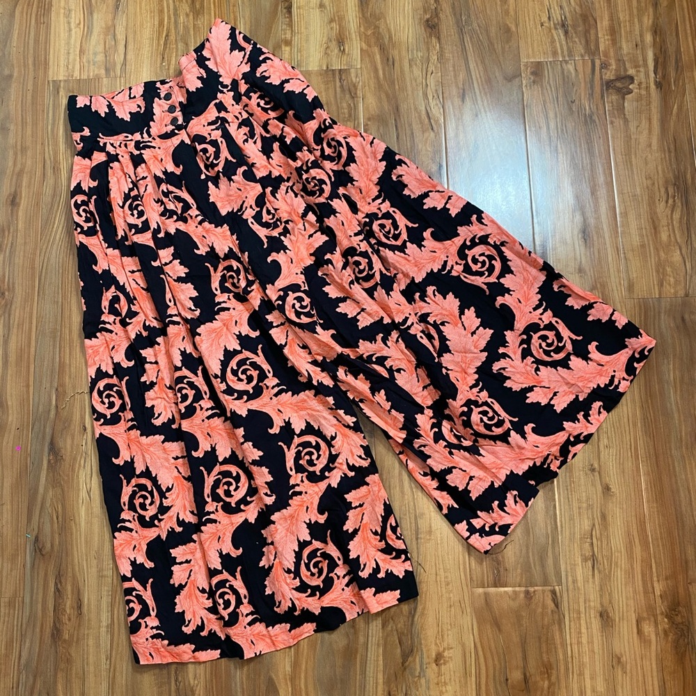 Electric peach brocade print culottes